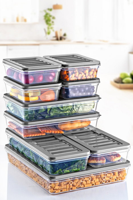 Hermia Juego de Cajas de Almacenamiento MDFRSB-2-9, Set de 9 Piezas de Plástico Gris para Cocina y Despensa